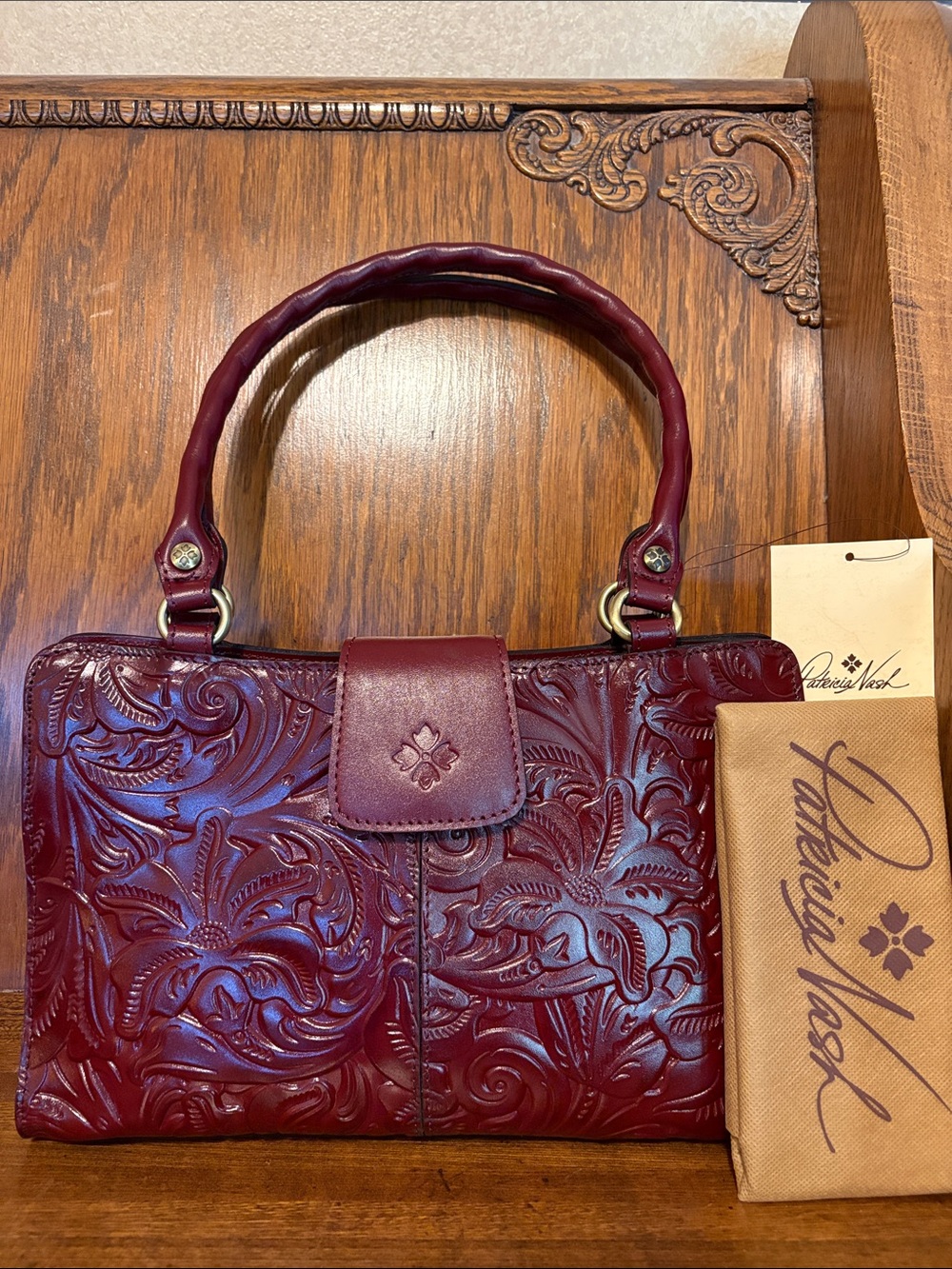 NWT-Patricia Nash-Rienzo Leather Satchel-Tooled Leather-Oxblood-$249